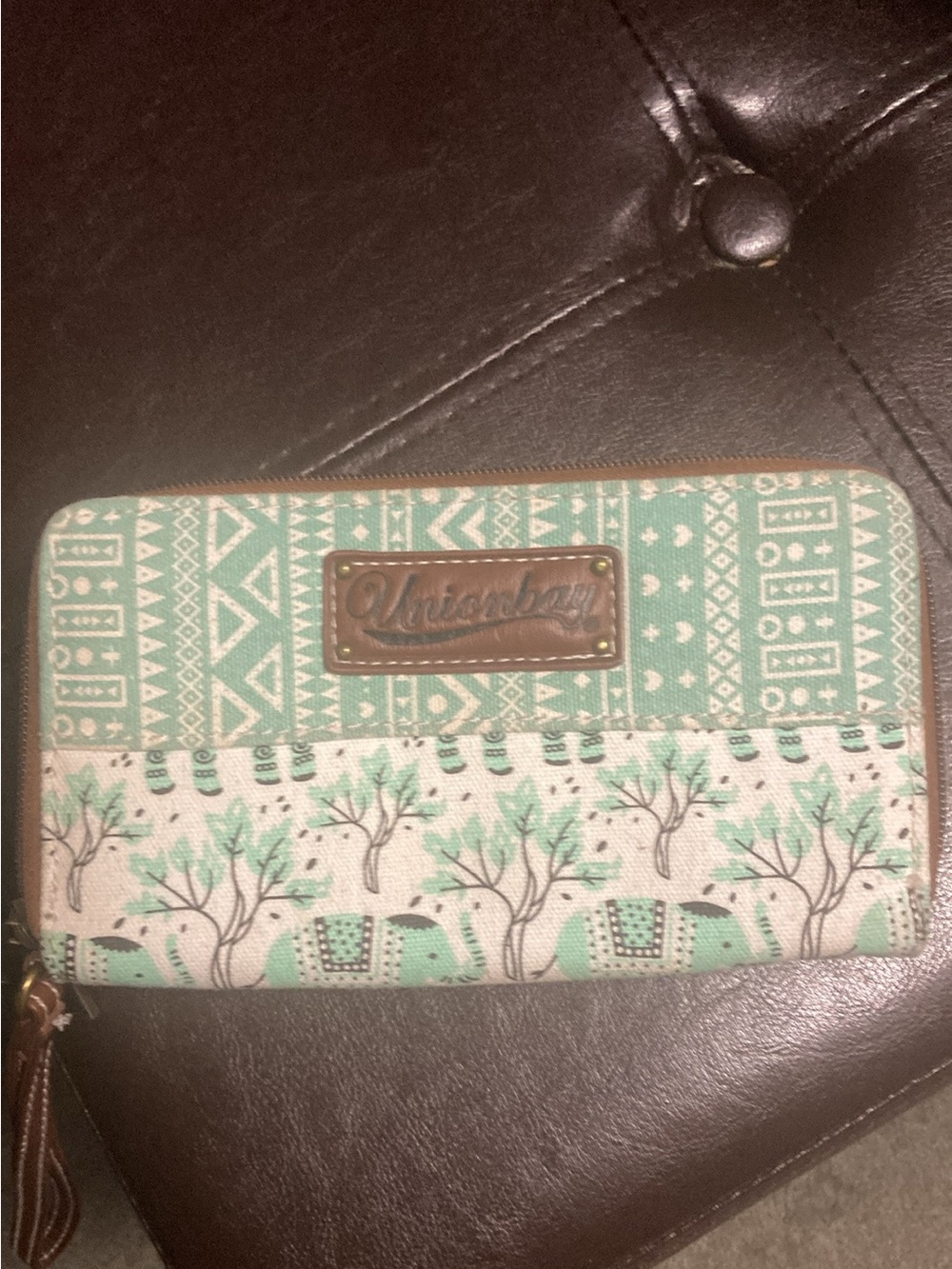 UNIONBAY Mint and Cream Tribal Tree Zip-Around Wallet with Brown Trim